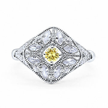 Art Deco Ring Marquise Filigree Simulated Yellow CZ 925 Sterling Silver